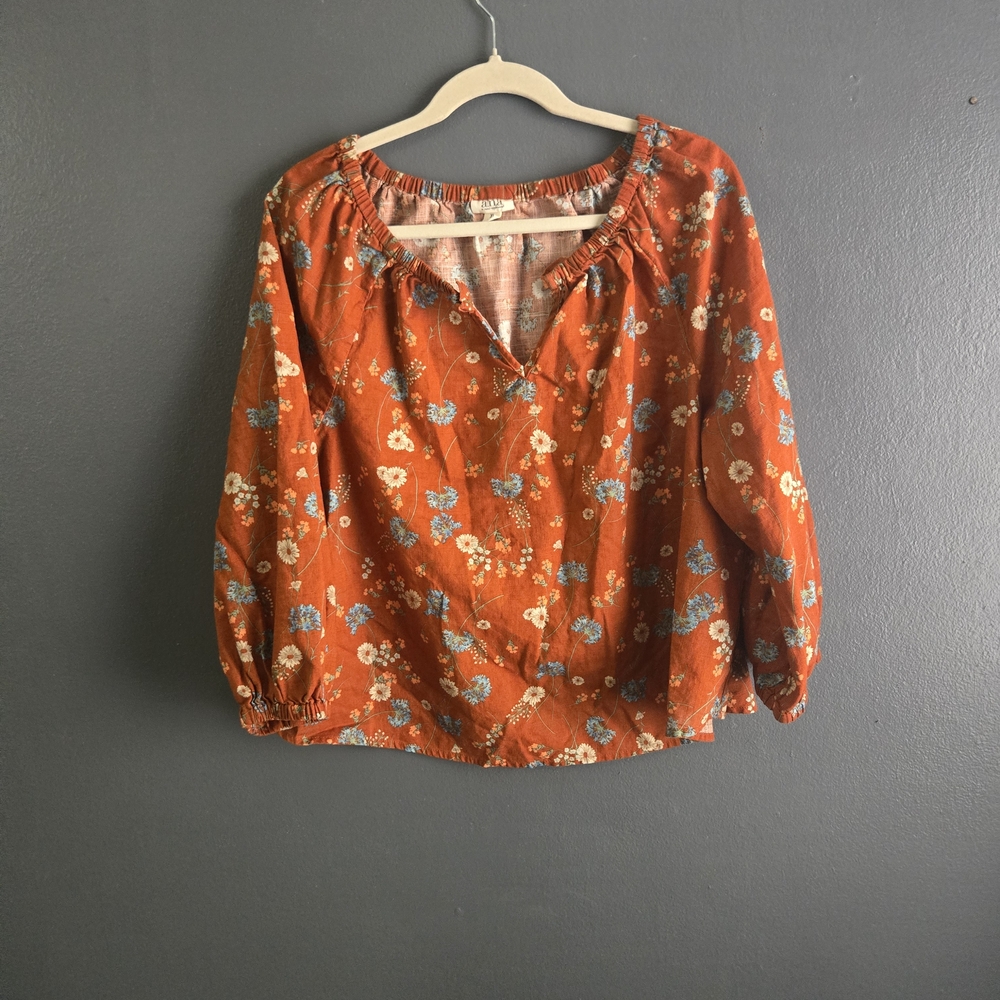 a.n.a Rust Floral Cotton Peasant Balloon Sleeve Blouse XL